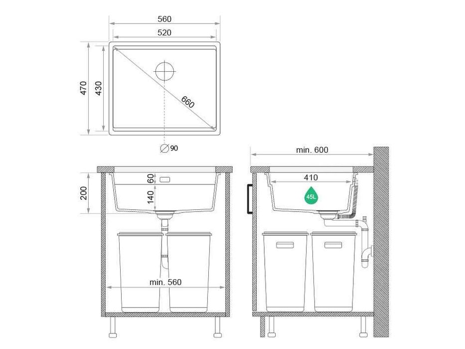 Сив кухненска мивка за вграждане под плот Прага 60 Level 560 x 470 мм