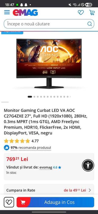 Monitor AOC 27" CURBAT 280HZ FULL HD