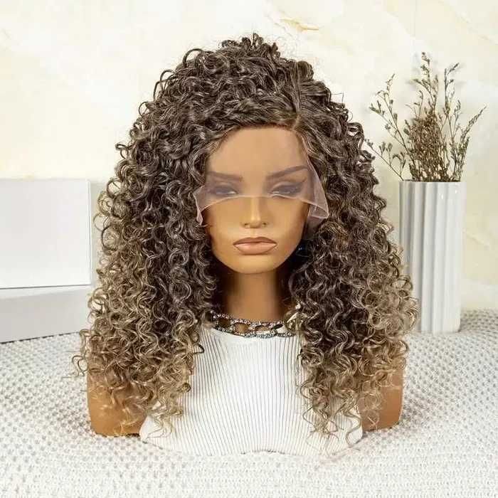 Тъмно руса омбре къдрава перука с руси краища лейс фронт 13*4*1