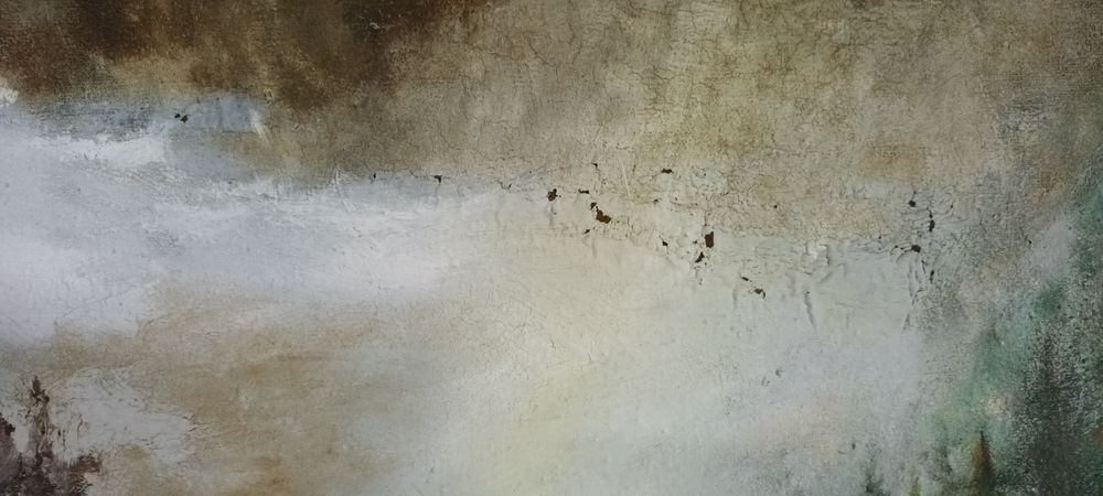 Tablou mare peisaj cu cascadă, semnat Gh. Rusu – Ramă masivă din lemn