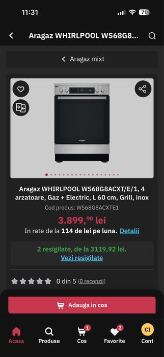 Aragaz WHIRLPOOL WS68G8ACXT/E/1, Gaz+Electric, L 60 cm, Grill, inox.