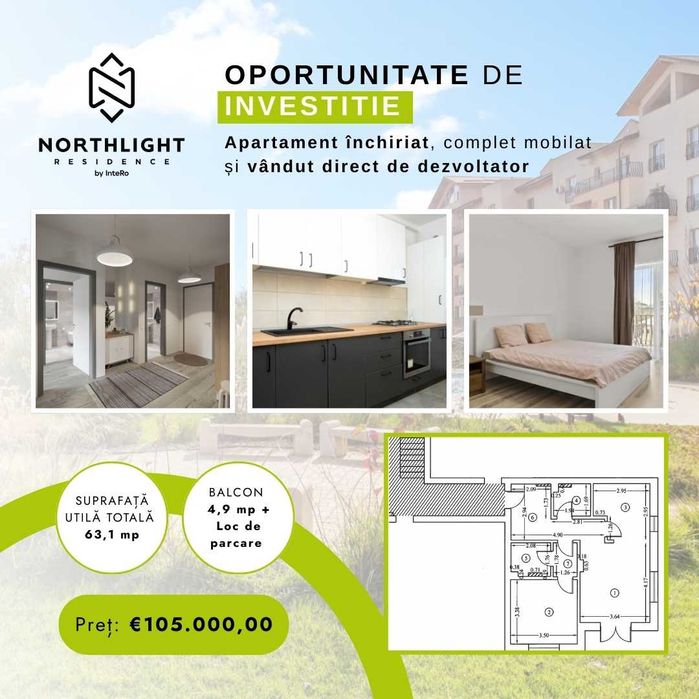 Apartament Mobilat și Închiriat, 2 camere NorthLight Residence, 0% comision