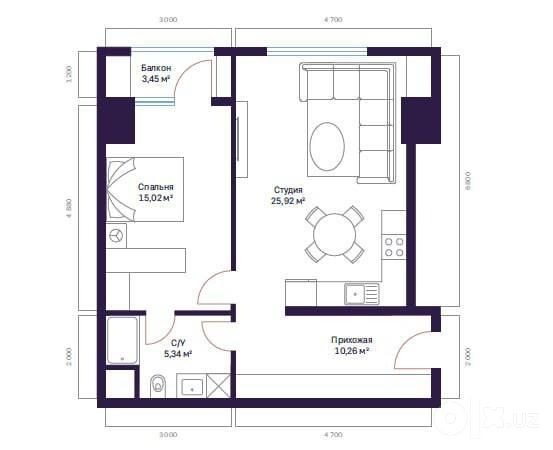 3-комнатная квартира 58,55 м², Яккасарайский район, 22 этаж
