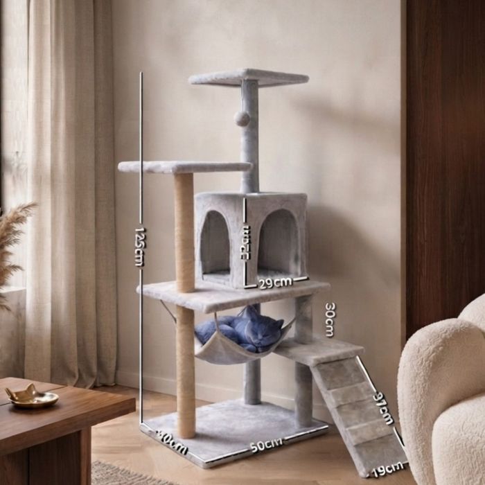 Котешки център за игра и почивка с драскалка и къщичка, 125 см