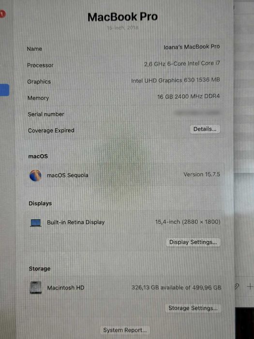 MacBook Pro 15 inch 2018, i7, 16 GB RAM, SSD 512 GB