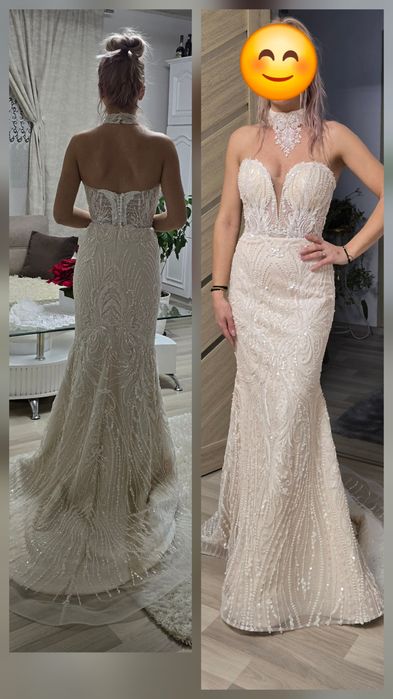 Rochie mireasa  sirena XS / S cu fusta detasabila tip printesa, choker,maneci detasabile, voal