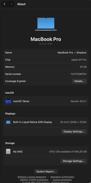 Macbook M1 PRO 16-dyum, 16/512 GB SILVER: 850 у.е. - Noutbuklar G'ijduvon на Olx