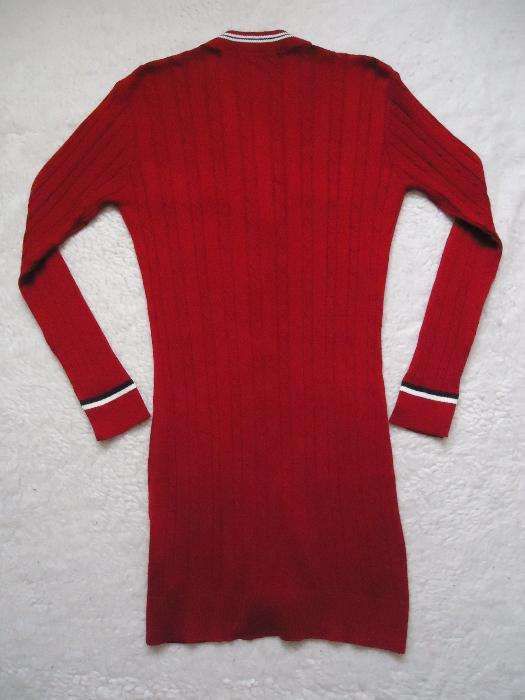 Cardigan lung tricotat dama 7 nasturi metalici 2 buzunare rosu jacheta