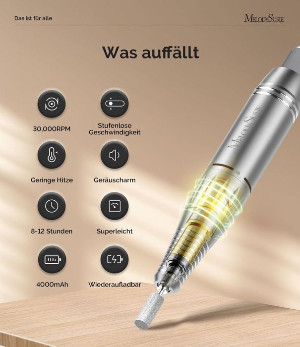 Pilă electrică pentru unghii profesional MelodySusie 30000 RPM, reîncărcabil cu display LCD – Pentru salon