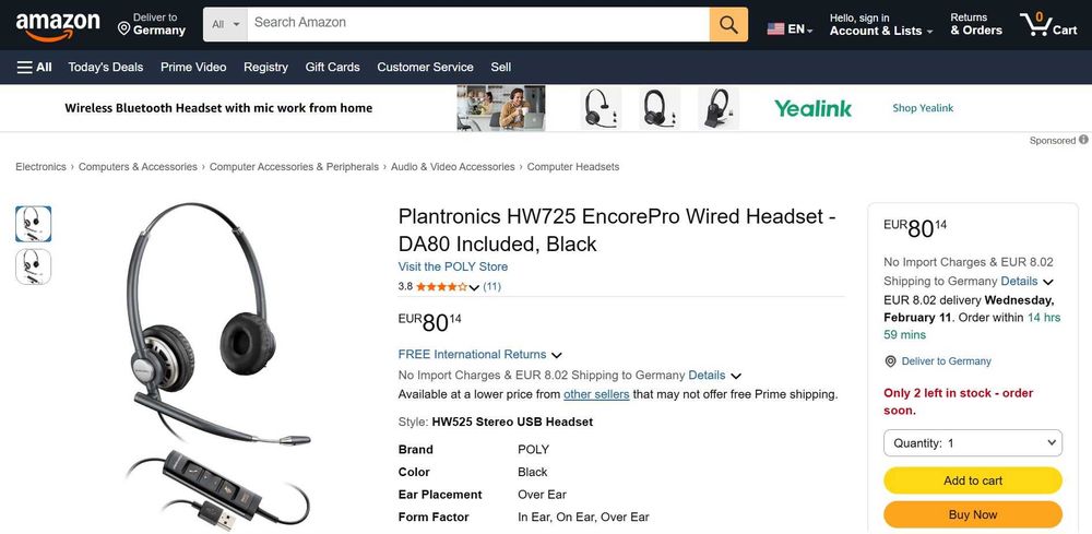 Căști profesionale Poly (Plantronics) HW725 EncorePro USB – nefolosite