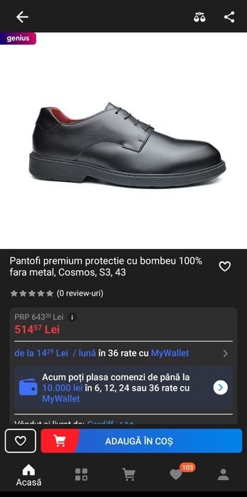 Pantofi premium protectie cu bombeu,43!
fara metal, Cosmos, S3, 43