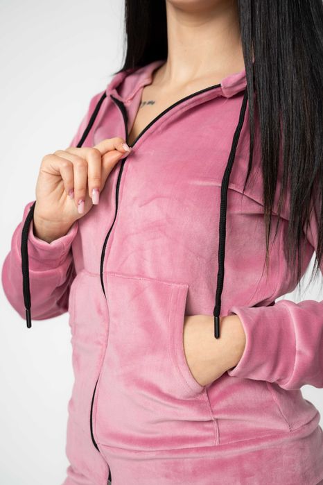 Trening Catifea Damă cu Fermoar și Glugă - Roz - TRANSPORT GRATUIT