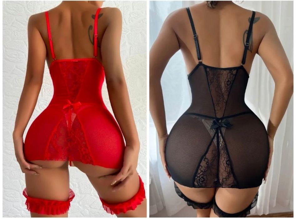 Costum Sexi cu portjartiere negru sau rosu, Lenjerie Sexi Dantela