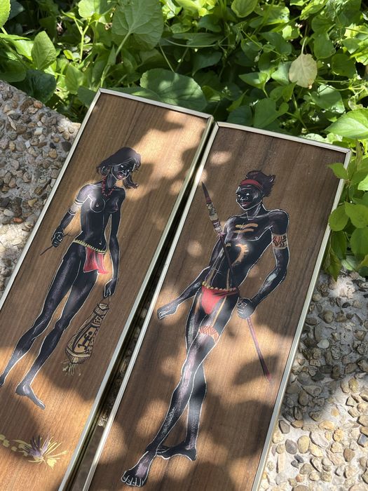 Комплект винтидж стенни пана, ръчно рисувани върху орехово дърво