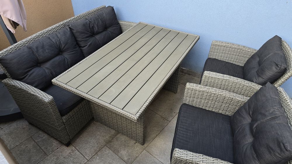 Set mobilier JYSK VISBY gradina/terasa , masa, canapea, 2 fotolii, include perna , culoare gri (folosit, ca nou)