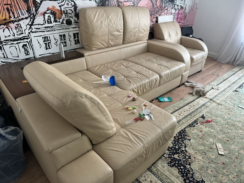 Кожанный диван с креслой