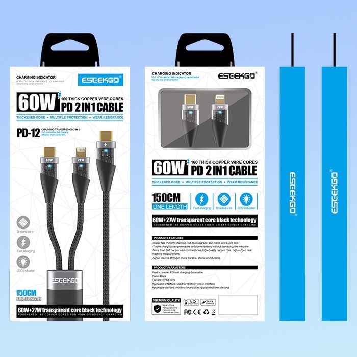 2в1 висок клас плетен кабел с 60W Тype C и Lightning