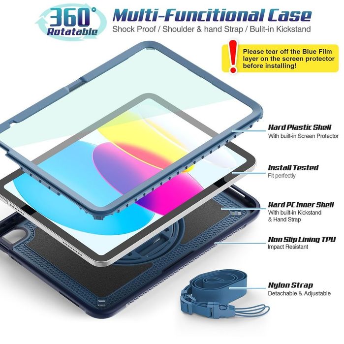 Husă SEYMAC pentru iPad 11" / 10.9" Rotativă 360° cu Curea și Protecție Ecran – Albastru
