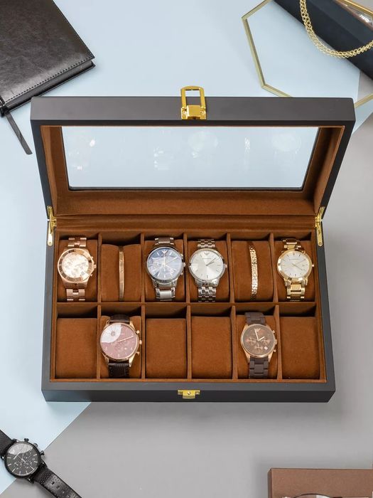 Шкатулка для часов и украшений деревянная с замком черный, хаки