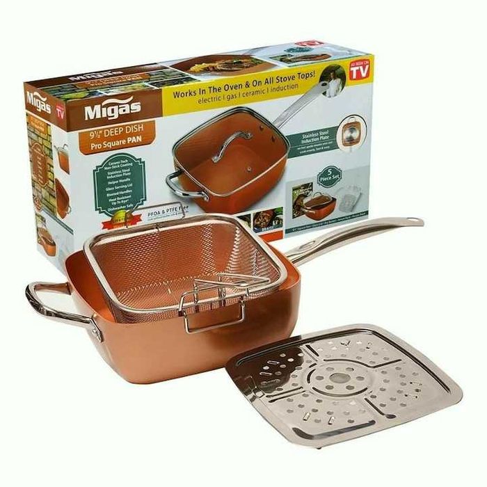 Нов дълбок меден тиган Copper Pan Комплект 6 в 1, Незалепващо Cerami-Tech покритие, Индукционно дъно, Стъклен капак, Кошница, Тава за готвене на пара