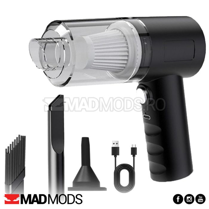 Aspirator auto portabil 2in1, fara fir, cu acumulator incorporat