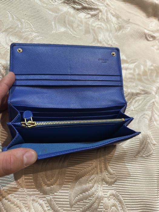 Дамски кожен портфейл Prada Saffiano Leather Long Flap Wallet / Blue