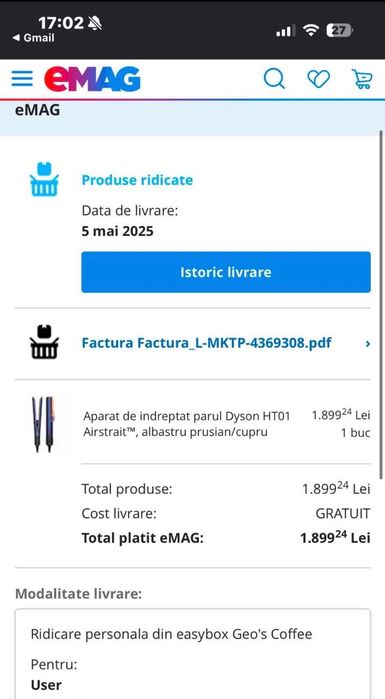 Placă de păr Dyson HT01 nouă factură emag