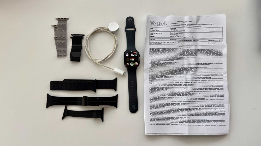 Apple Watch Series 10 (46mm) Black Aluminum / Валидна гаранция до 01.2027 г. / 94% батерия + Подарък каишки