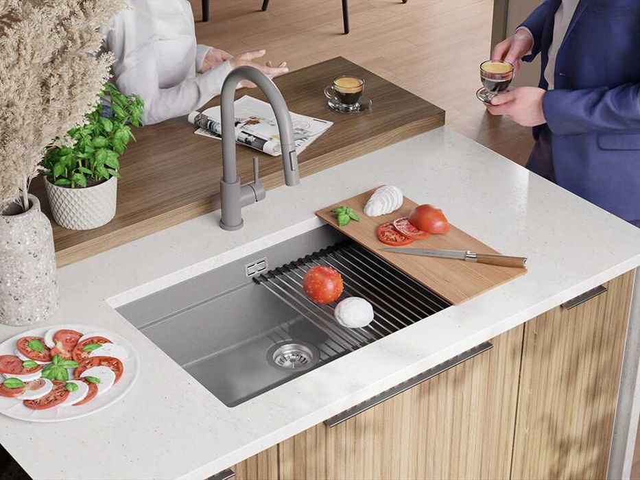 Сива кухненска мивка за вграждане под плот Прага 80 Level 760 x 470 мм