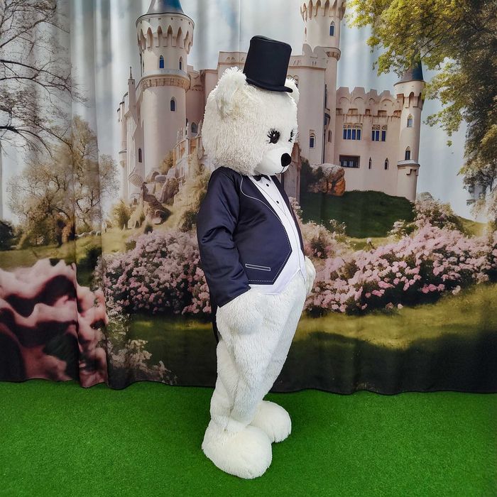 Costum mascota urs alb Teddy Bear luxury fur elegant pentru evenimente