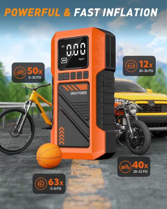 Авариен мобилен стартер (Jump Starter), компресор, външна батерия и мощен LED фенер 4 в 1 JKUOO, различни накрайници, 8000А, 10ATM, НОВ!