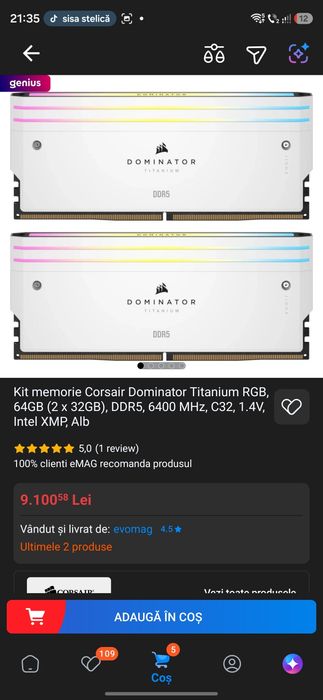 Kit memorie Corsair Dominator Titanium RGB, 64GB (2 x 32GB), DDR5, 6000 MHz, CL30, 1.4V, Intel XMP, Alb