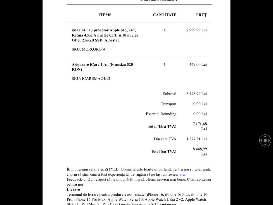 Imac 24” Apple M3, 8 CPU, 10 GPU, 256Gb, Albastru, sigilat, asigurare