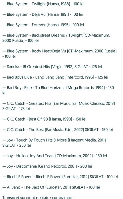 Pachet cd-uri Italo-disco - Bad Boys Blue/Blue System/CC Catch/Joy