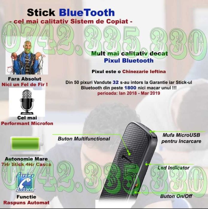 Stick bluetooth Microcasca Microfon sensibil - Casti de Copiat Examene