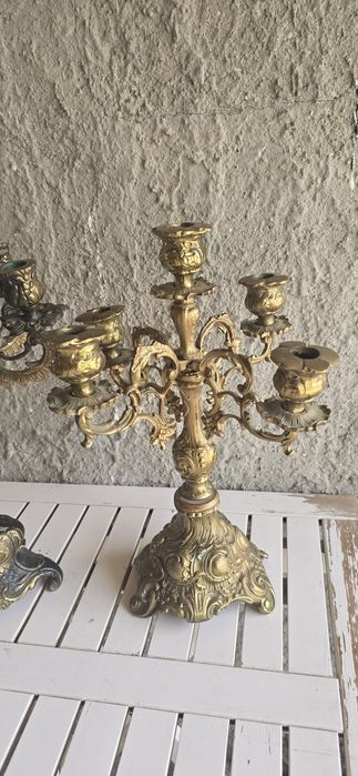 Pereche Sfeșnice Vechi din Bronz Masiv (5 Brațe, Stil Baroc / Rococo)