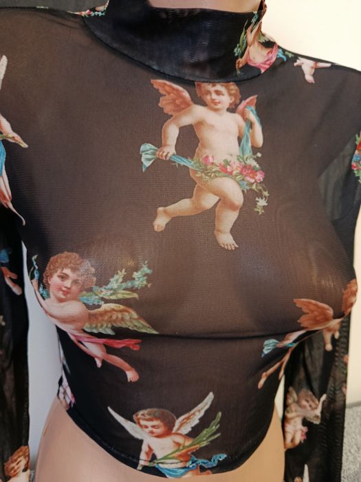 Bluza Pull and Bear mesh cu îngerași Punk Rock Goth Altercore mărimea XS-S elastica