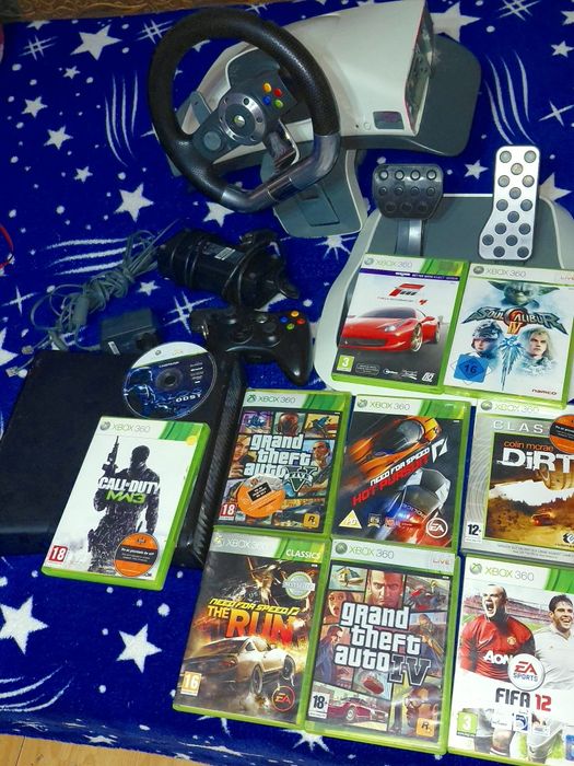 Xbox 360 cu volan pedale si joystick si 10 jocuri NEGOCIABIL