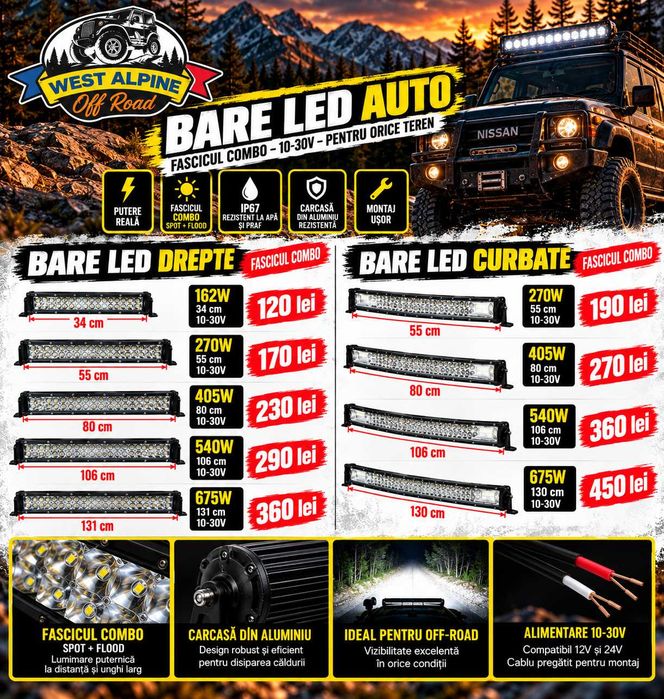 LED BAR AUTO - Bara LED DREAPTA sau CURBATA - de la 34 cm la 131 cm - Puteri de la 162W la 675W