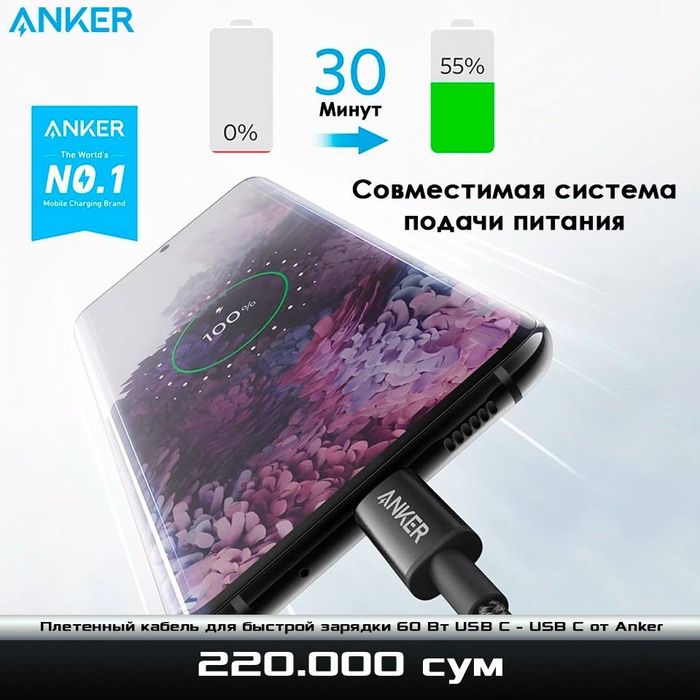 Плетенный кабель для быстрой зарядки 60 Вт USB C - USB C от Anker