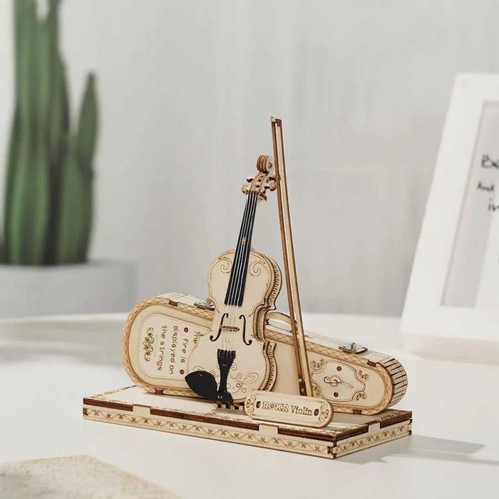 Puzzle 3D Vioara, ROKR, lemn, 62 piese, instrument muzical decorativ, 8+