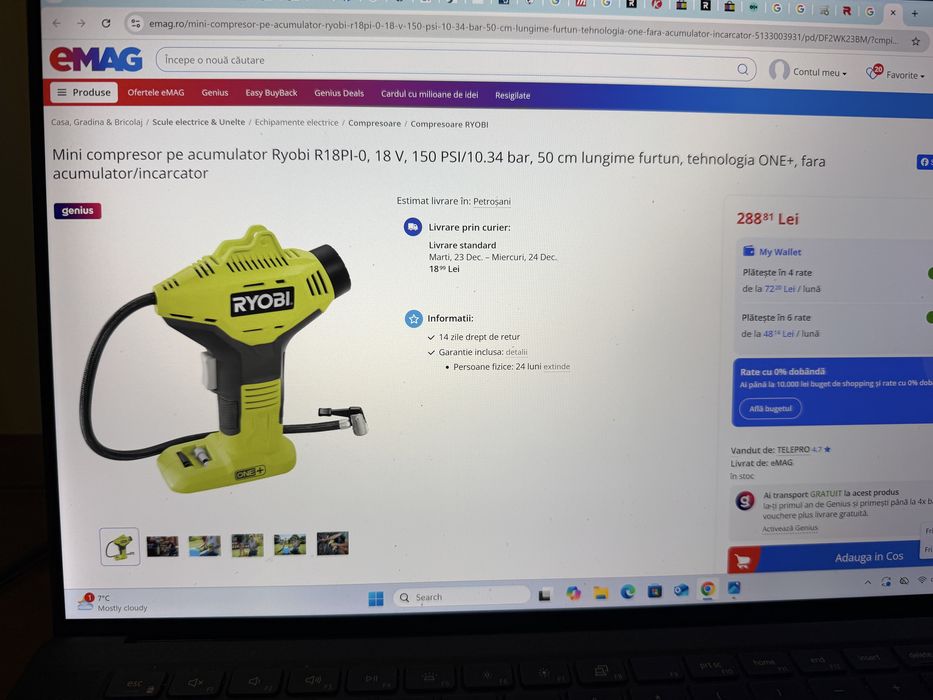 Mini compresor pe acumulator Ryobi , 18 V, 150 PSI/10.34 bar