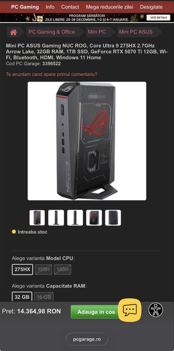 Asus NUC 15 ROG, 2025, U9-275HX/RTX5070Ti 12gb/32ddr5/1TB - sigilat