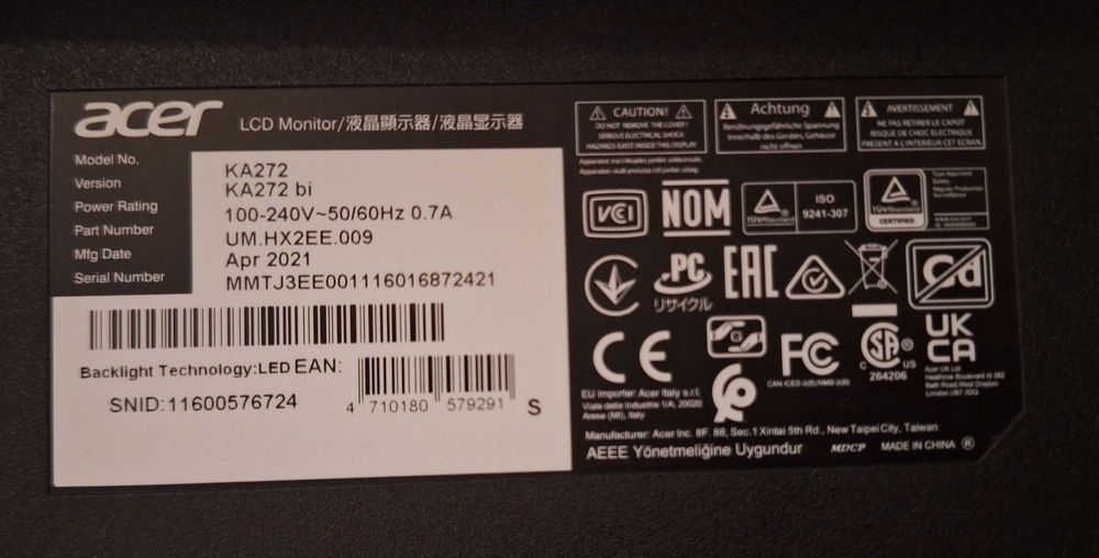 Monitor Acer 27", KA272bi, LED IPS, FHD, 75Hz, 1ms, FreeSync