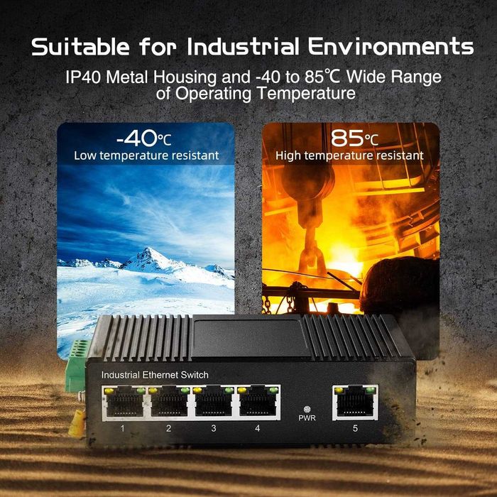 Switch Ethernet industrial Binardat ING05-041G 5 porturi șină DIN 4 port 1 uplink Gigabit DIN Rail,10-100-1000Mbps, montare pe perete fără ventilator