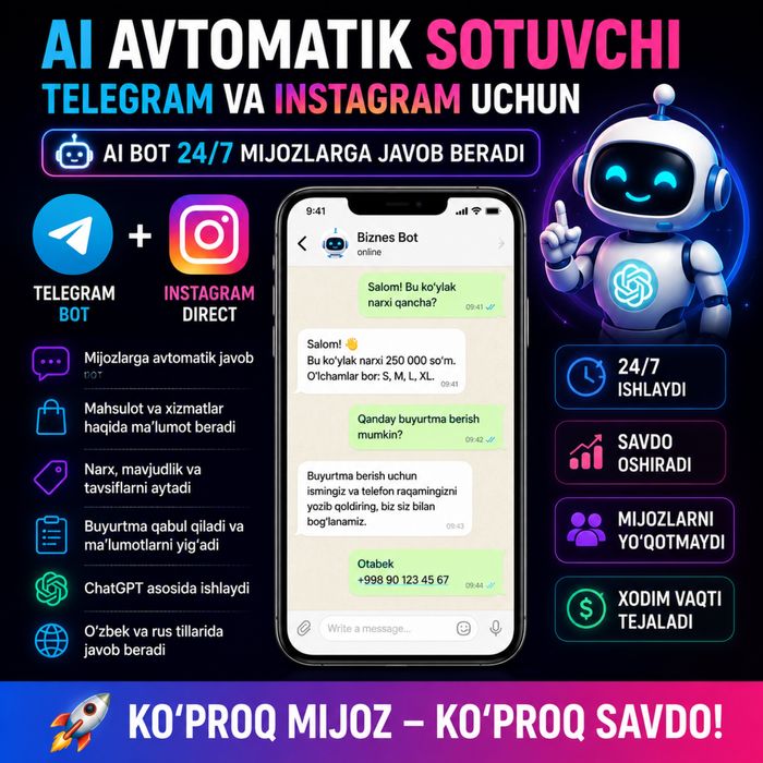 Telegram va Instagram uchun avtomatik sotuvchi | ChatGPT AI