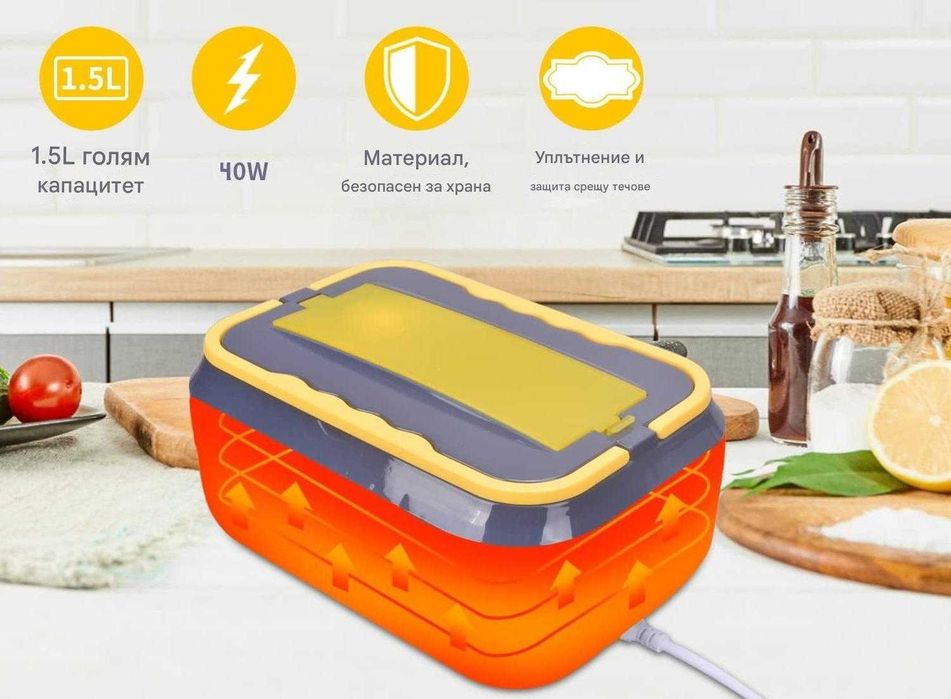 Кутия от инокс 1.5 литра за затопляне на храна и обяд с прибори 12v и 220v