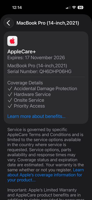 MacBook Pro 14" M1 PRO 8-CPU, 14-GPU, 16RAM, 512SSD APPLE CARE+ 11.26Г