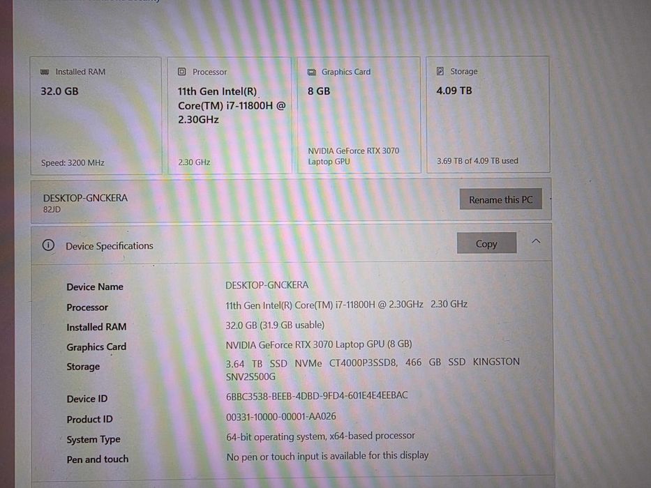 Legion 5 Pro 16" - i7 11800H - RAM 32 GB -SSD 4TB - RTX 3070 8GB