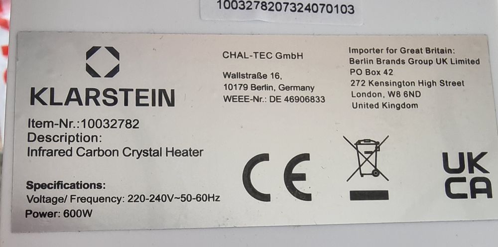 Инфрачервен нагревател Klarstein 600w